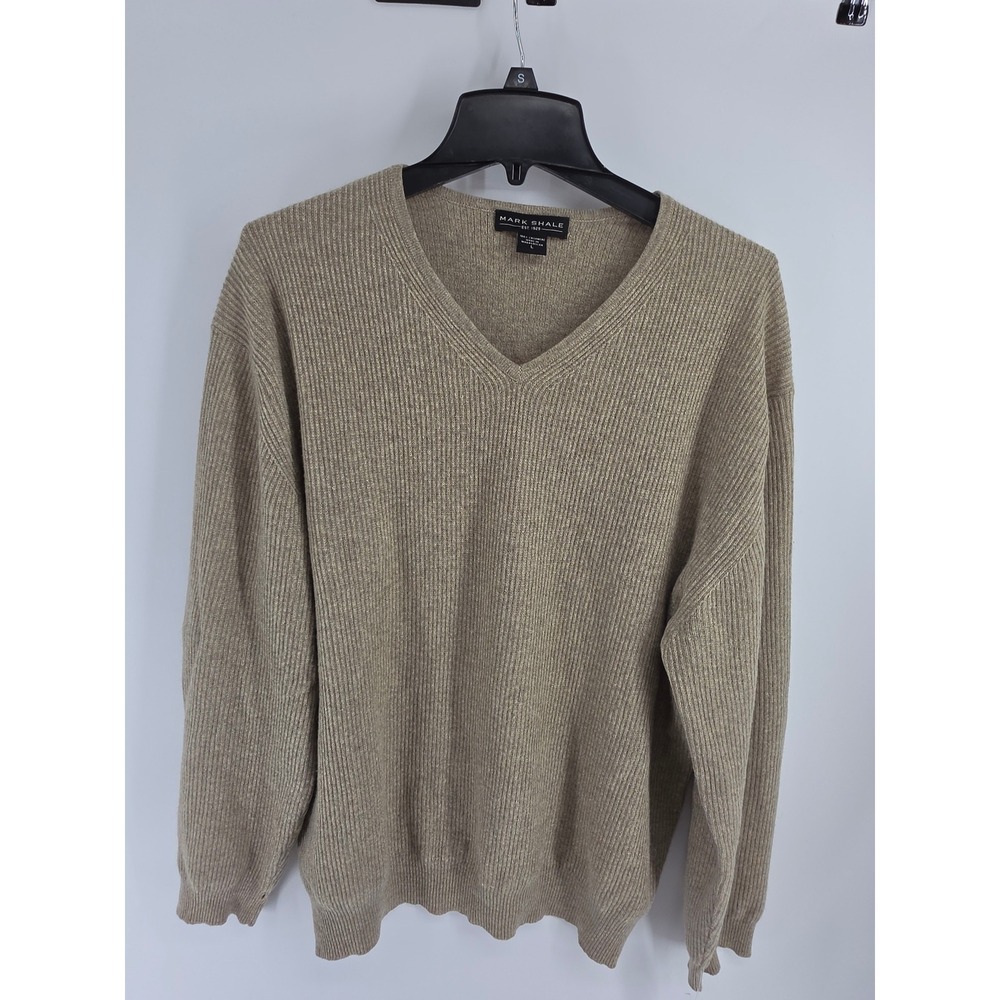 Mark Shale Mens 100% Cashmere V-Neck Sweater Tan Ribbed Knit Large